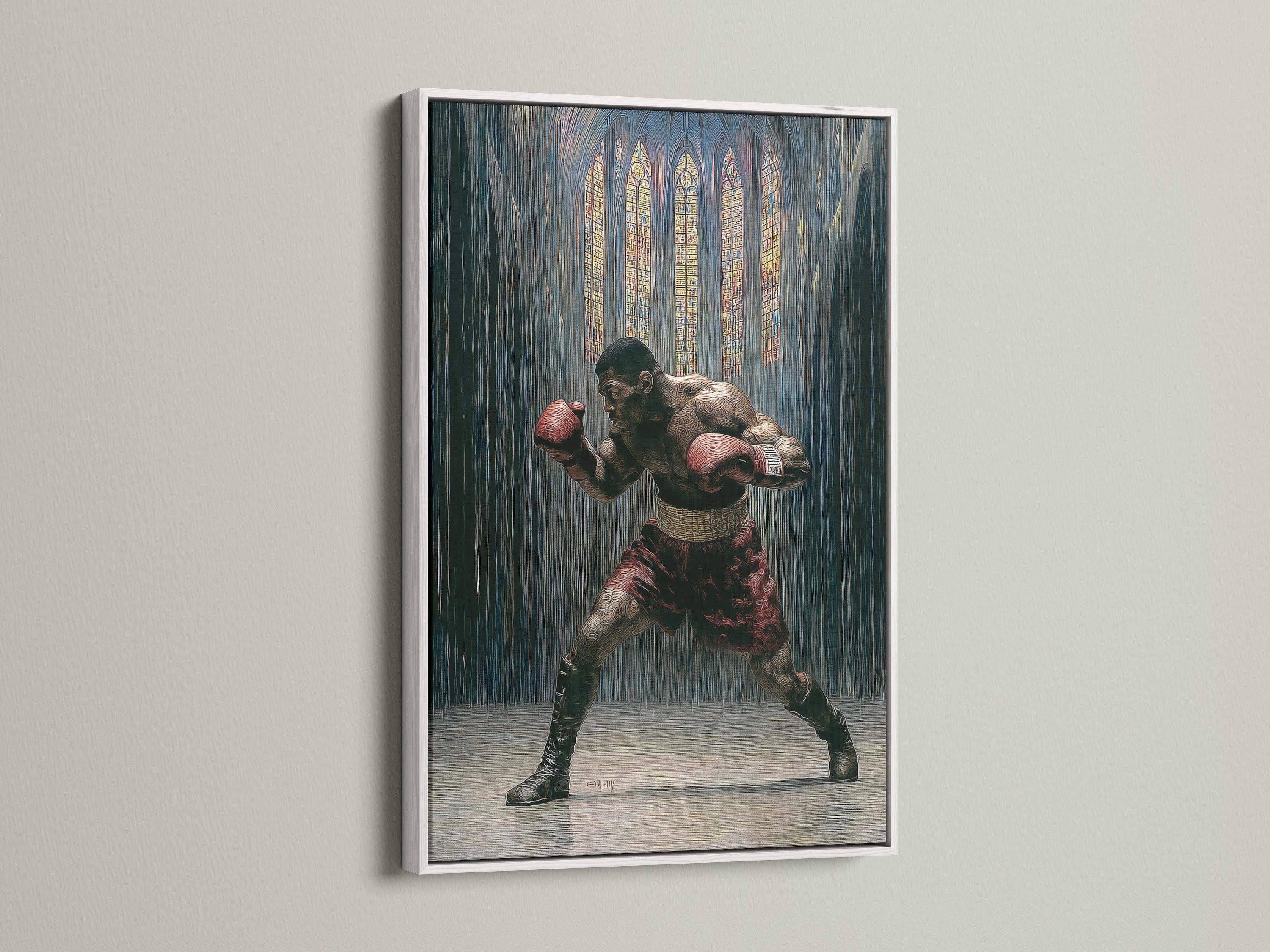 Vintage boxing artwork is beautifully framed in white. A gothic sports canvas print complements any space. This fighter wall art enhances man cave decor. It's ideal for sports room decor and boxing enthusiasts. This artwork adds a touch of sophistication. The vintage boxing art is a timeless choice.