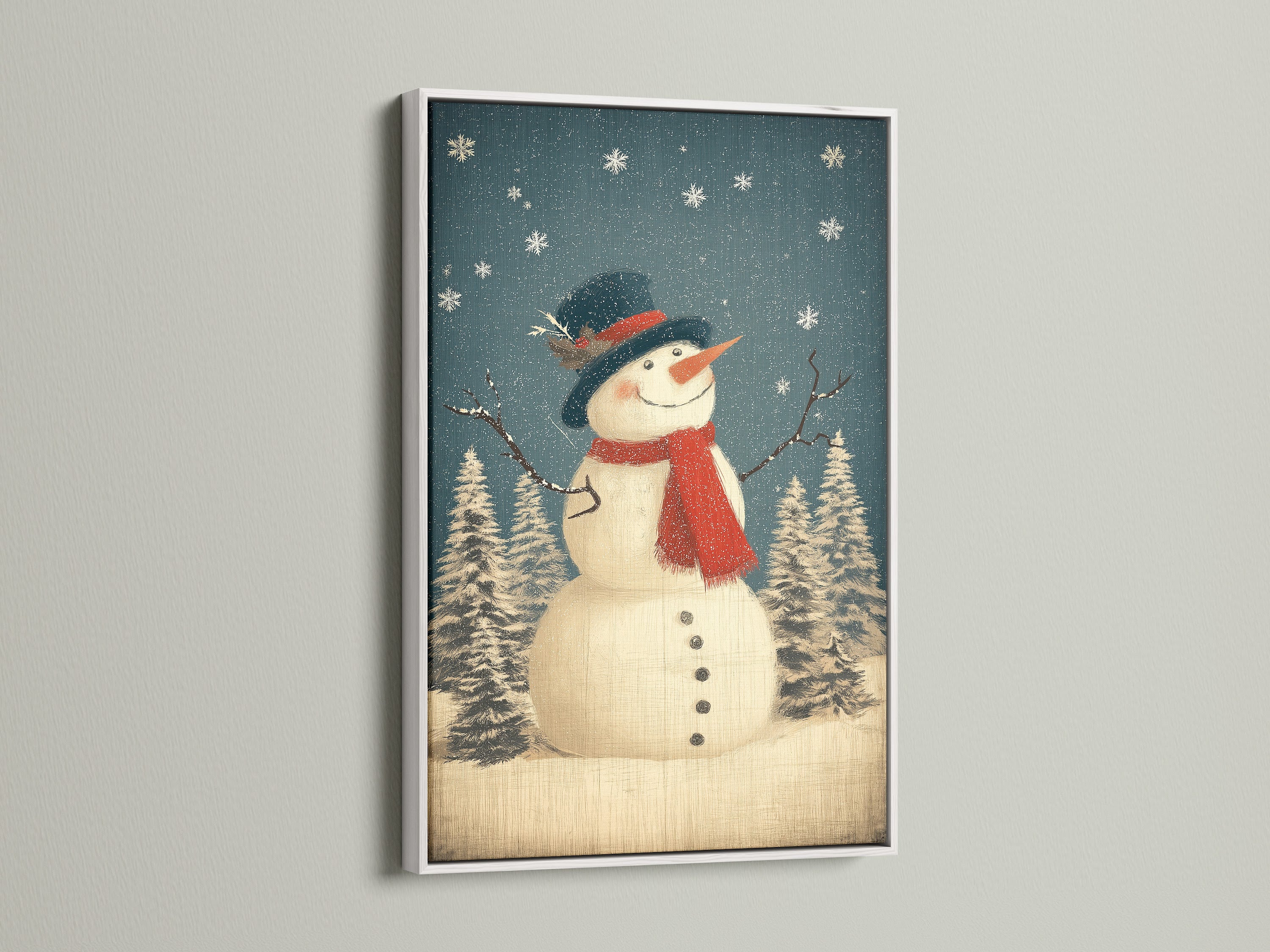 A white frame highlights this snowman artwork. It's a cozy winter art piece. This Christmas wall decor fits perfectly. It is ideal for adding a festive touch with holiday wall art.