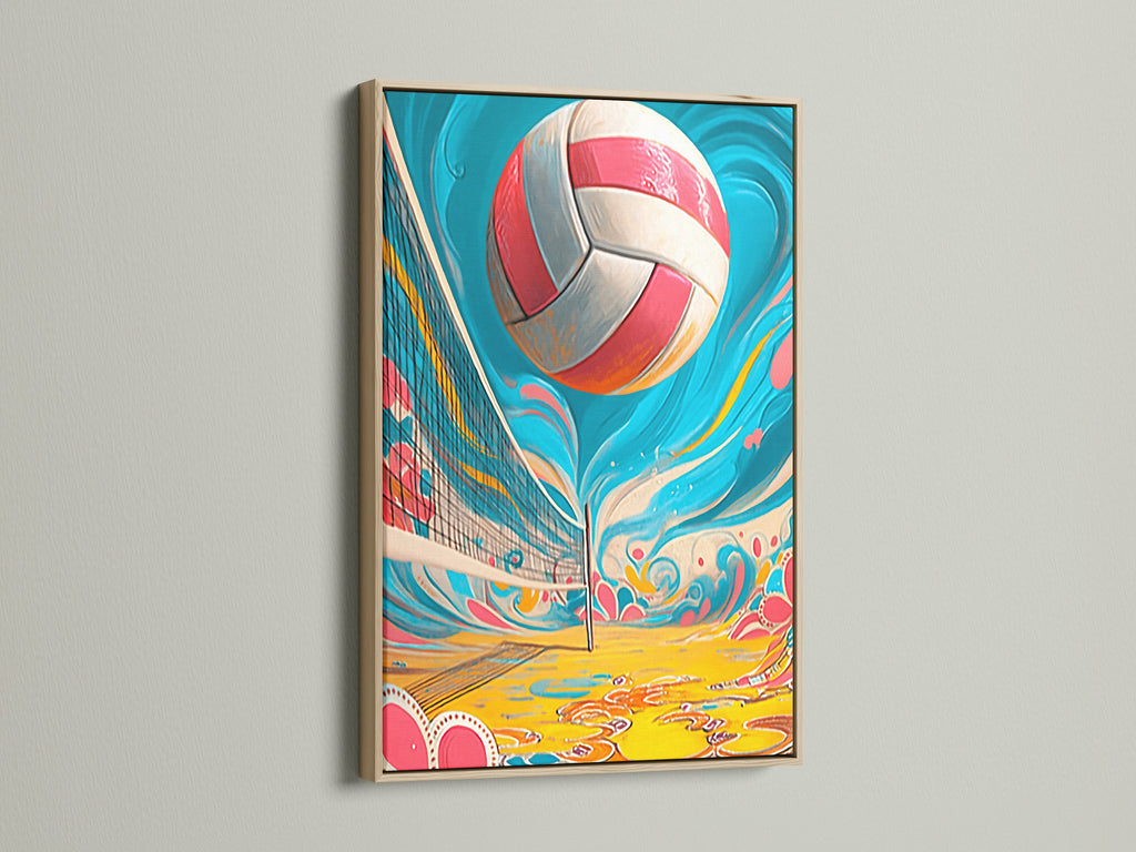 Volleyball beach artwork displayed in an oak frame. This summer print adds a sporty touch to any room. Ideal for teen room decor. The oak frame enhances the coastal artwork.