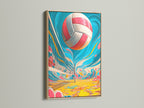 Volleyball beach artwork displayed in an oak frame. This summer print adds a sporty touch to any room. Ideal for teen room decor. The oak frame enhances the coastal artwork.