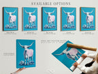 Available options for longhorn cow artwork are displayed. Options include a stretched canvas print. Also a fine art poster paper. And a floating frame option. Customize your artwork to match your unique style and preferences.