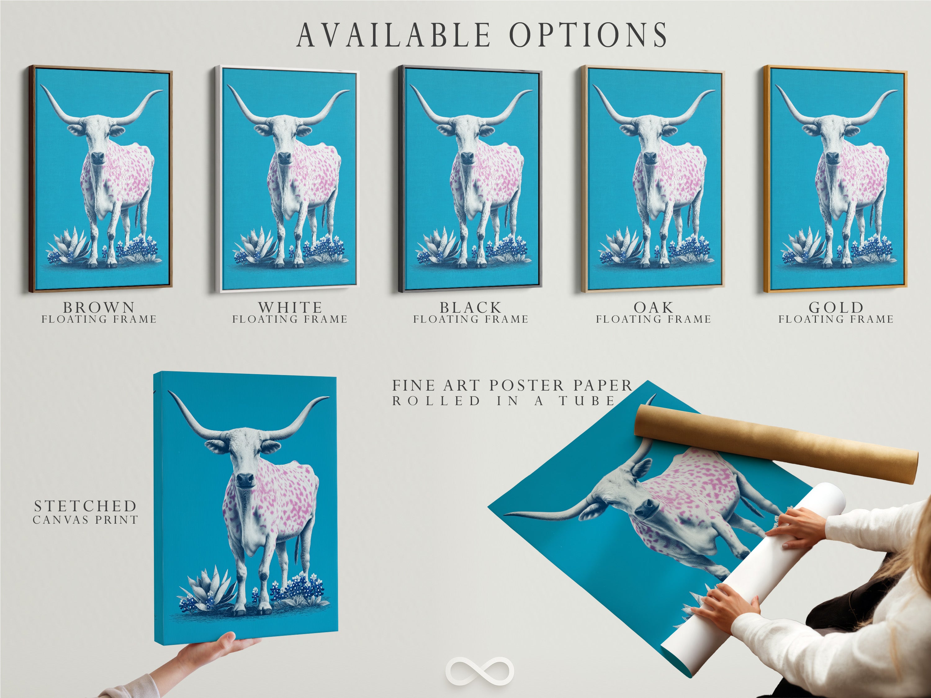 Available options for longhorn cow artwork are displayed. Options include a stretched canvas print. Also a fine art poster paper. And a floating frame option. Customize your artwork to match your unique style and preferences.