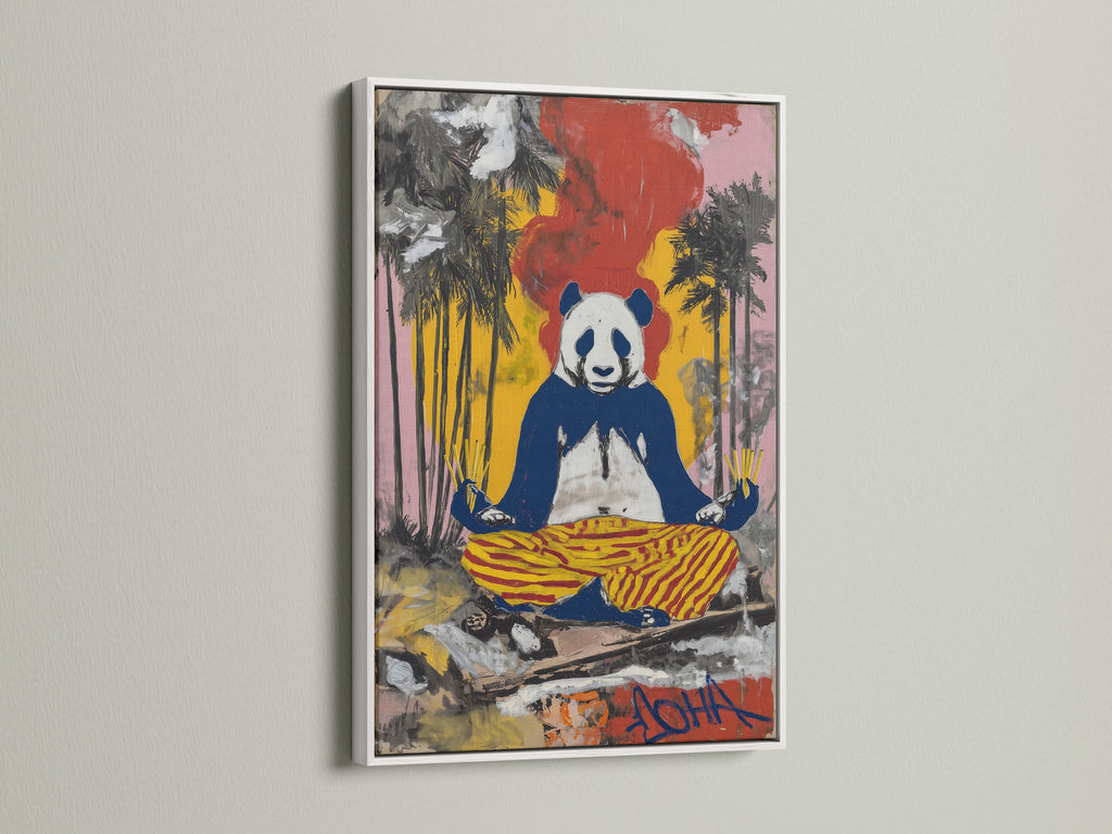 Zen Panda Canvas Print with a white frame. This unique artwork is great for yoga studio decor. The colorful wall art brings a zen vibe to any room. Perfect for mindful spaces and animal art lovers.