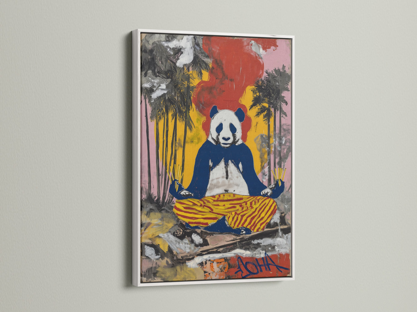Zen Panda Canvas Print with a white frame. This unique artwork is great for yoga studio decor. The colorful wall art brings a zen vibe to any room. Perfect for mindful spaces and animal art lovers.