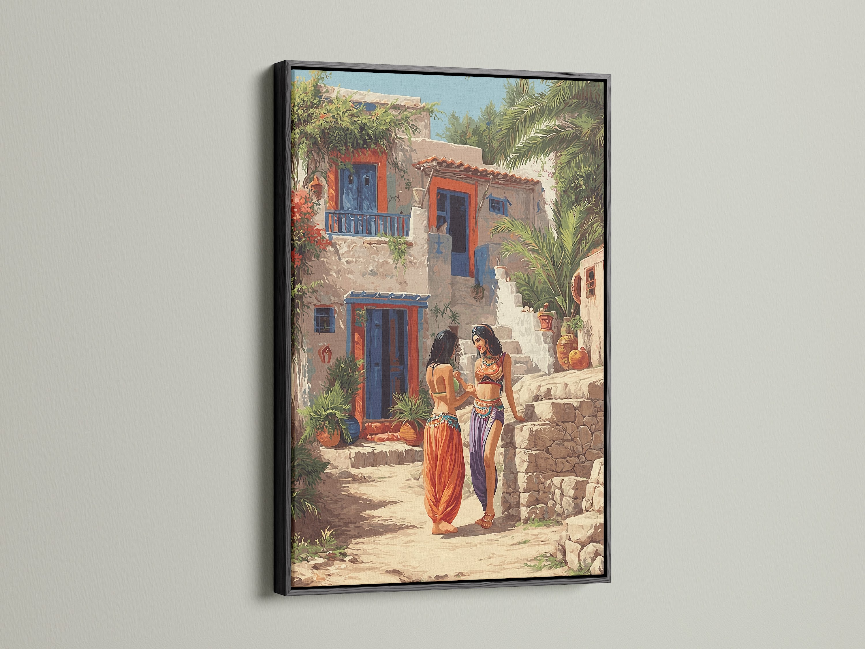 Mediterranean Women artwork in a black frame. This bohemian wall art features teal blue and orange artwork. It is perfect for eclectic and globally-inspired styles. The black frame provides a sleek and modern look. Ideal for living room wall art bedroom wall decor and waiting rooms. It is a great addition to any space.