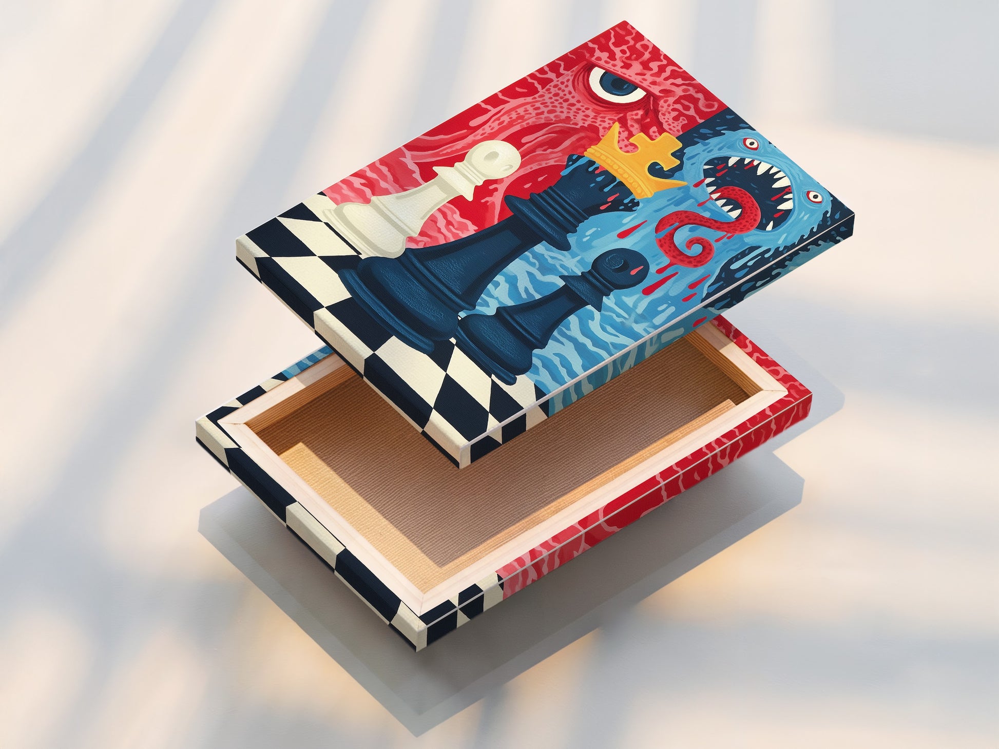 This is a stretched canvas print. The canvas texture enhances the visual impact of the monster chess artwork. This format provides a ready-to-hang solution for your game room art. The stretched canvas brings the surreal chessboard print to life. A perfect way to display your dark fantasy wall decor.