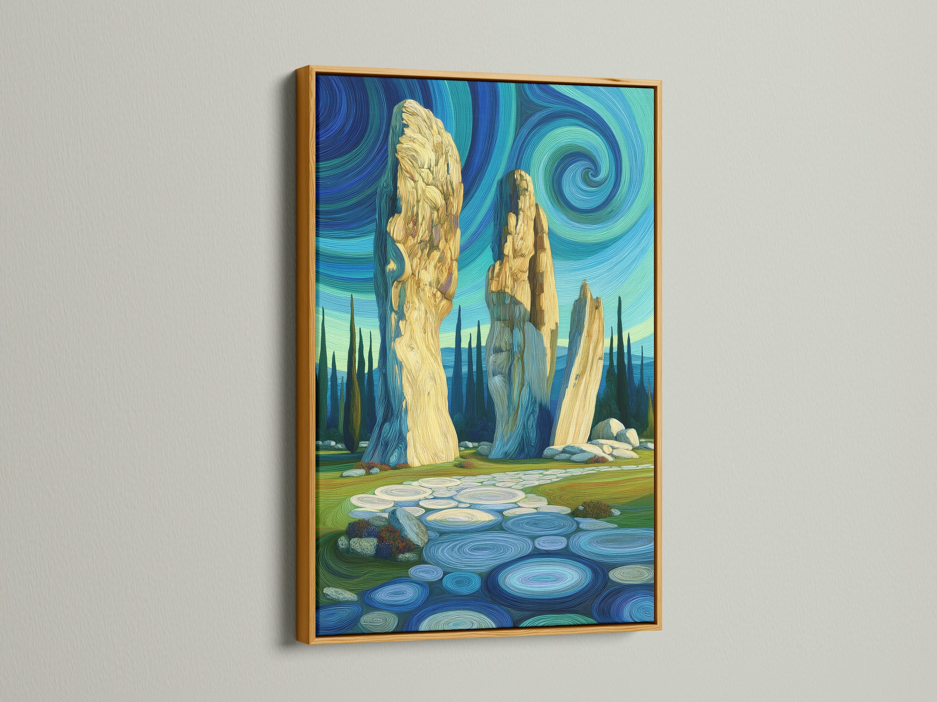 This artwork is framed in gold. The artwork shows an ancient stone circle beneath a swirling sky. The gold frame adds luxury. This Celtic mystical landscape canvas print is perfect for creating a sacred space. It would be ideal for meditation studios.
