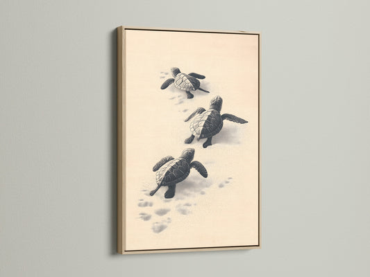 This coastal wall art features baby turtles. It is showcased in an oak frame. The artwork adds a touch of the ocean to any space. It is perfect for a beach-themed nursery or bathroom.