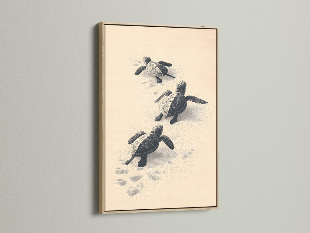 This coastal wall art features baby turtles. It is showcased in an oak frame. The artwork adds a touch of the ocean to any space. It is perfect for a beach-themed nursery or bathroom.