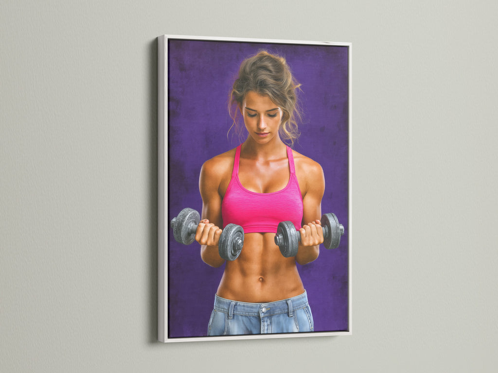 Fitness Woman Canvas Art in a clean white frame. This motivational poster enhances your workout space. It's perfect as gym art or home gym decor. The female athlete artwork adds a modern touch.