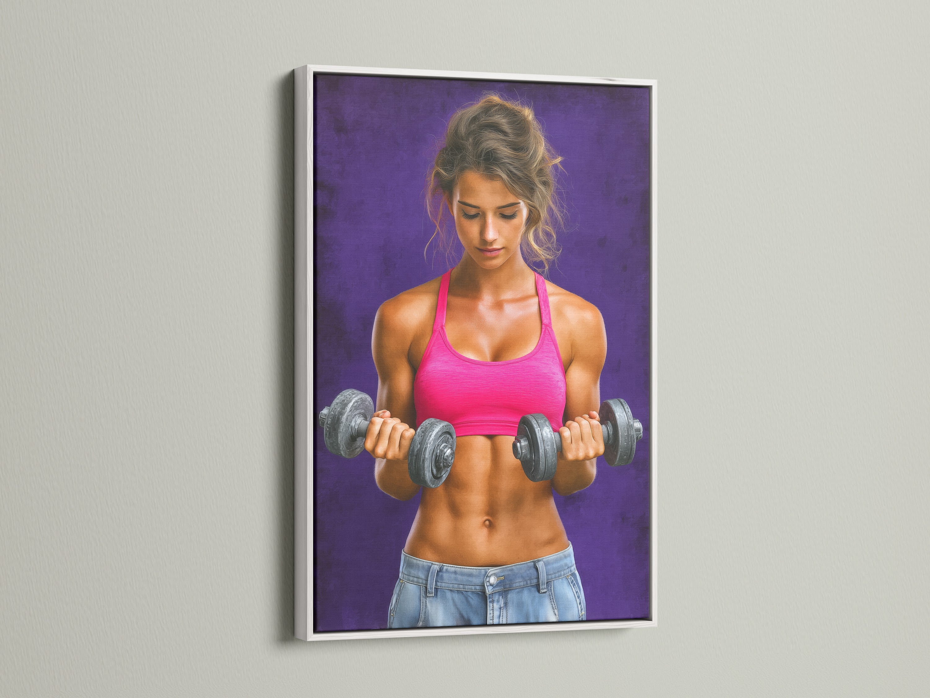 Fitness Woman Canvas Art in a clean white frame. This motivational poster enhances your workout space. It's perfect as gym art or home gym decor. The female athlete artwork adds a modern touch.