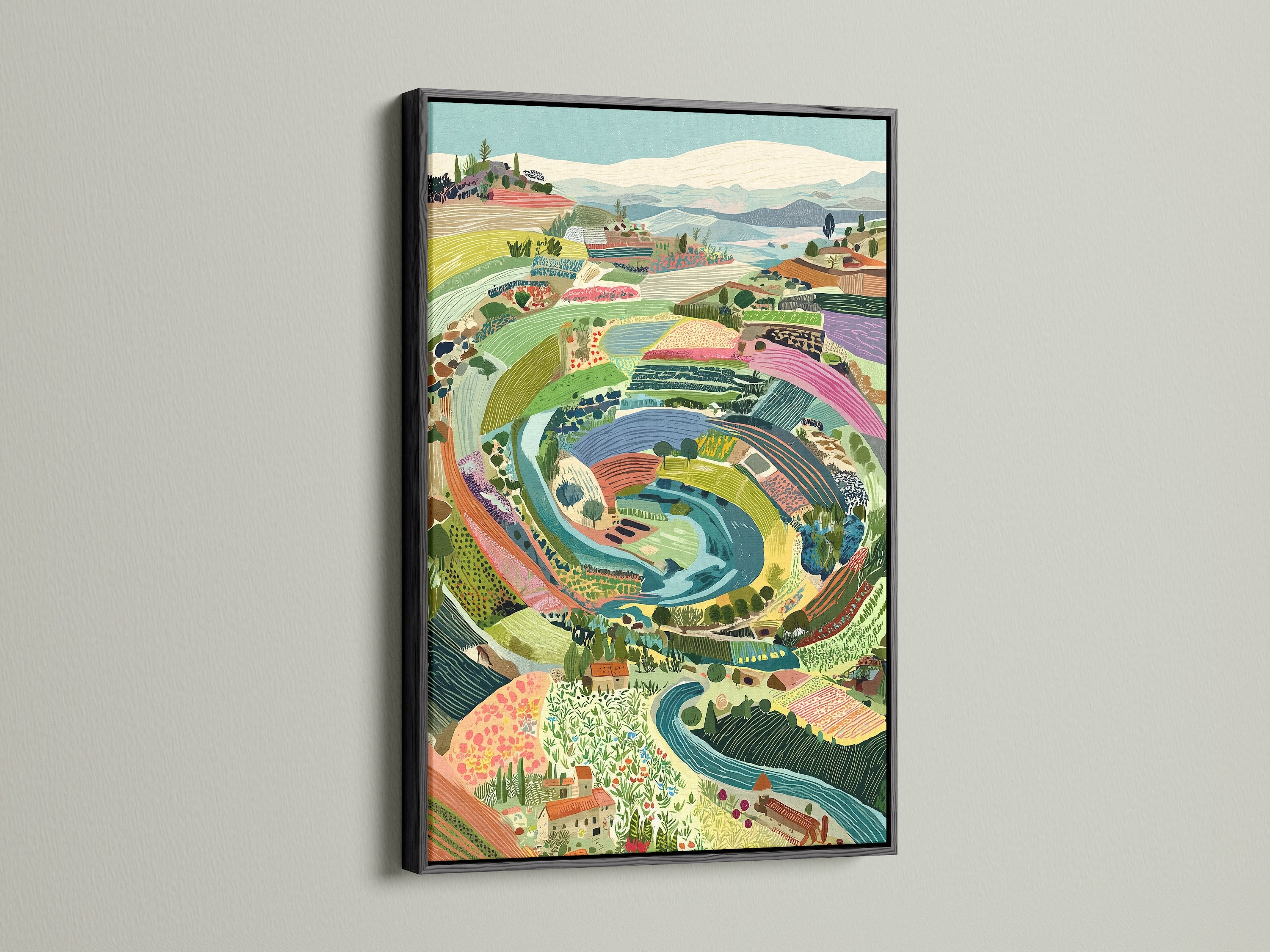 Italian Landscape artwork with a black frame. This Tuscan countryside canvas offers a modern touch. Consider adding colorful farmhouse artwork for a kitchen refresh. Discover rustic scenic italy wall art.