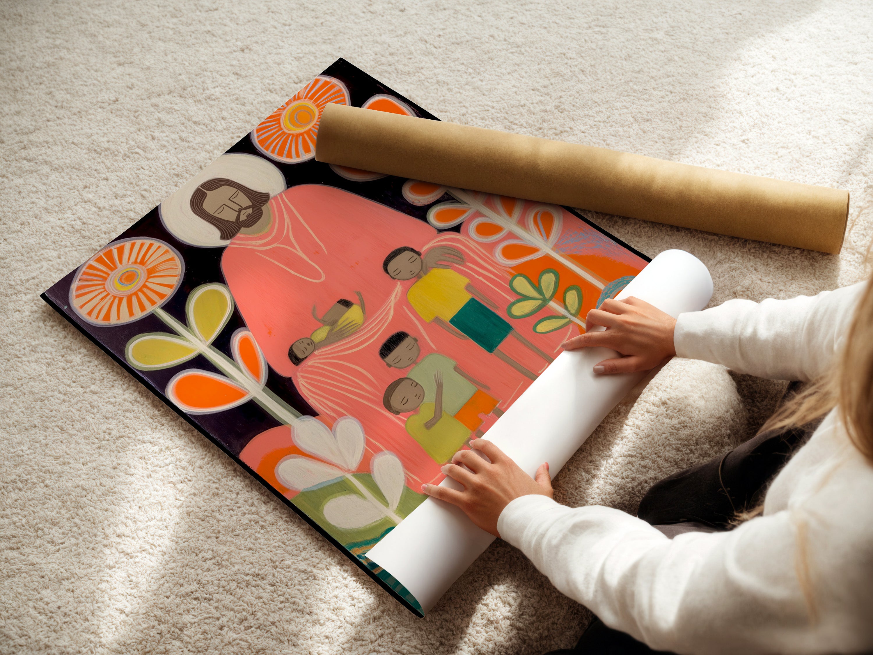 A woman is carefully rolling a fine art poster paper. She is preparing it for framing or display. The poster paper is high-quality. It shows the rich colors and details of the artwork. Get your fine art prints today.