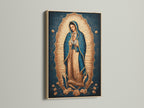Our Lady of Guadalupe artwork is showcased in an oak frame. This religious decor brings a touch of faith to any space. The Virgin Mary art is perfect for Catholic home art. Enhance your prayer room with this beautiful Guadalupe print.