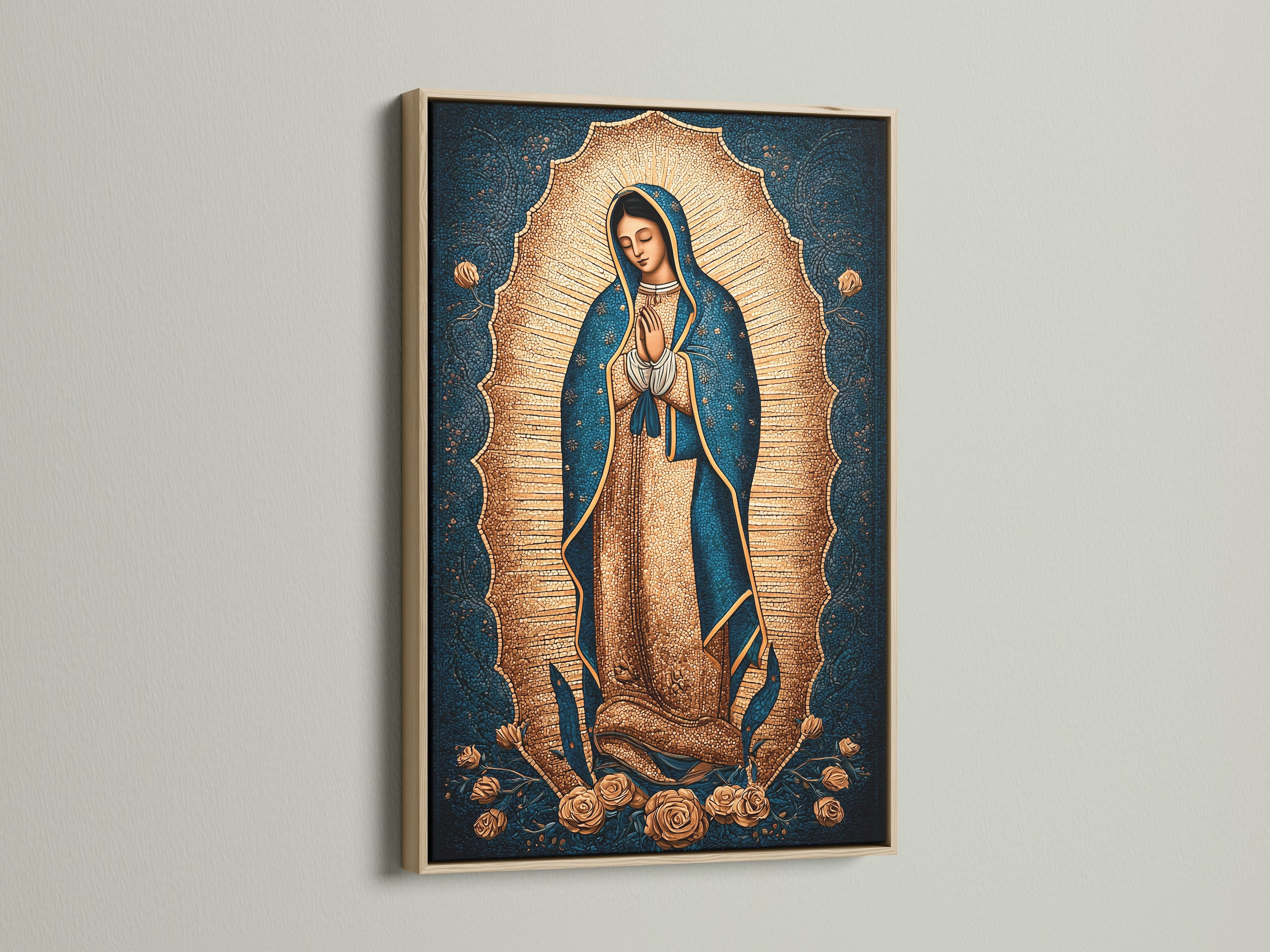 Our Lady of Guadalupe artwork is showcased in an oak frame. This religious decor brings a touch of faith to any space. The Virgin Mary art is perfect for Catholic home art. Enhance your prayer room with this beautiful Guadalupe print.