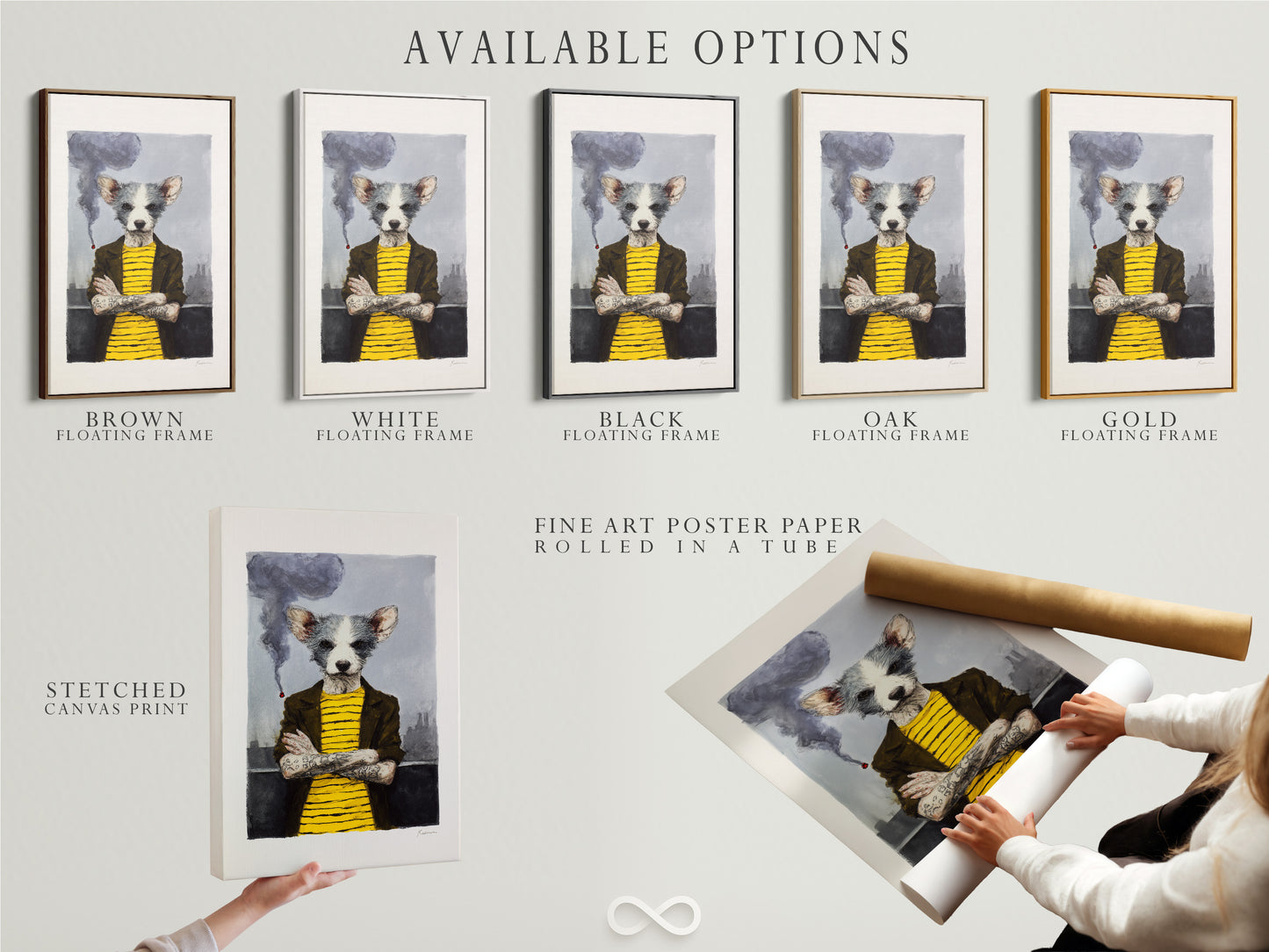 Explore available options for this quirky dog portrait art. Choose between a stretched canvas print a fine art poster paper or a floating frame. Each option enhances the anthropomorphic animal artwork. Find the perfect fit for your whimsical wall art preferences. The artwork features primary color yellow and secondary color grey.