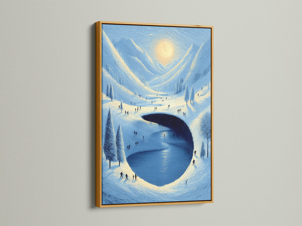The gold frame adds a touch of elegance to this winter artwork. This is a snowy mountain print showcasing a serene lake. It would make a stunning statement piece for a ski lodge. Bring nature indoors.