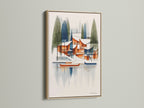An oak frame showcases an architectural lake house artwork. This mid-century modern art piece brings geometric lake scenery to any room. The oak frame enhances the art's natural beauty. Ideal for living room or office decor.