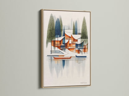 An oak frame showcases an architectural lake house artwork. This mid-century modern art piece brings geometric lake scenery to any room. The oak frame enhances the art's natural beauty. Ideal for living room or office decor.