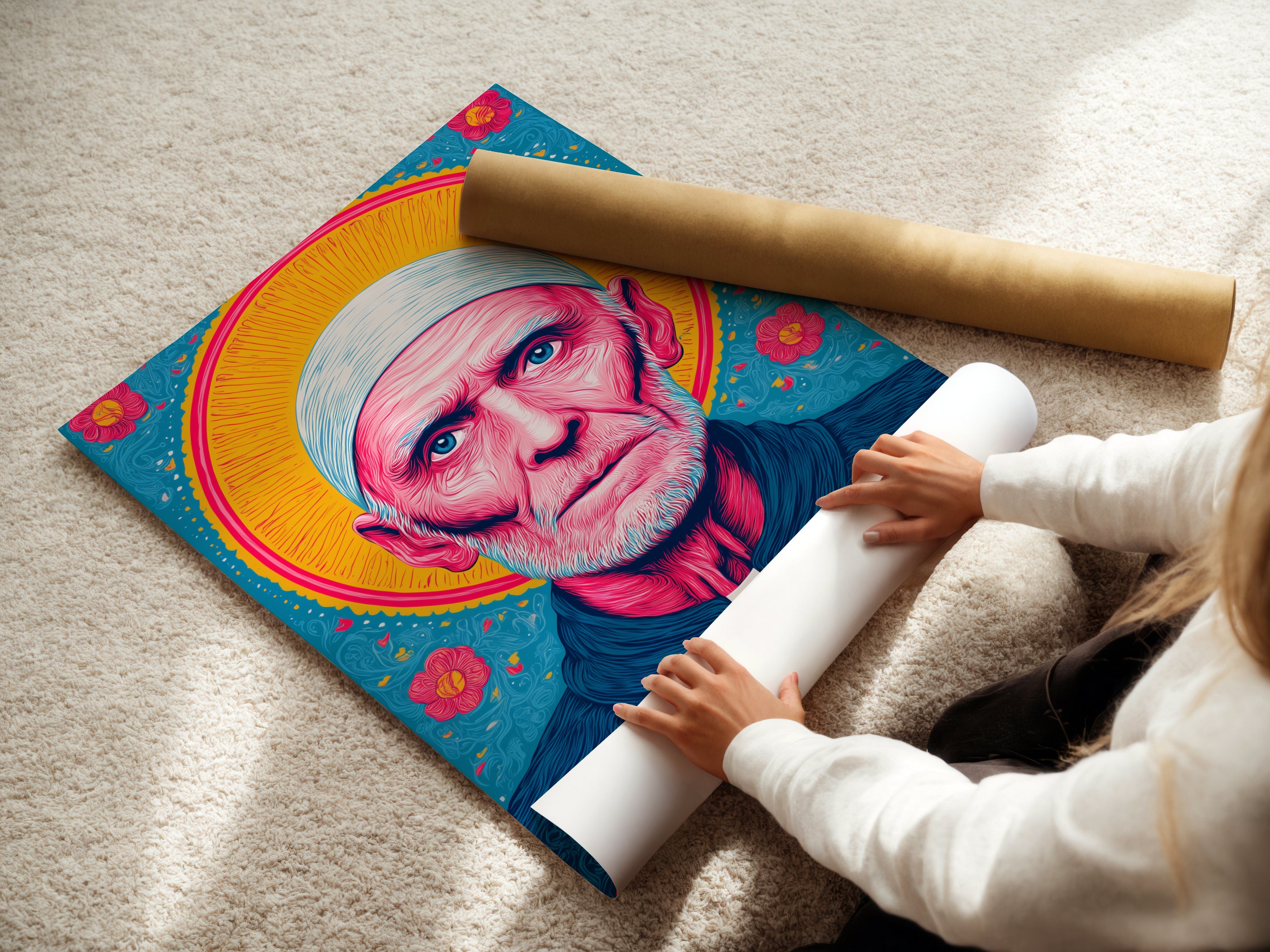 A woman carefully rolls a fine art poster paper featuring a priest portrait. This highlights the delicate handling required for high-quality prints. Showcasing the care taken in producing religious art. The fine art poster paper ensures vibrant color. Perfect for creating stunning church decor.