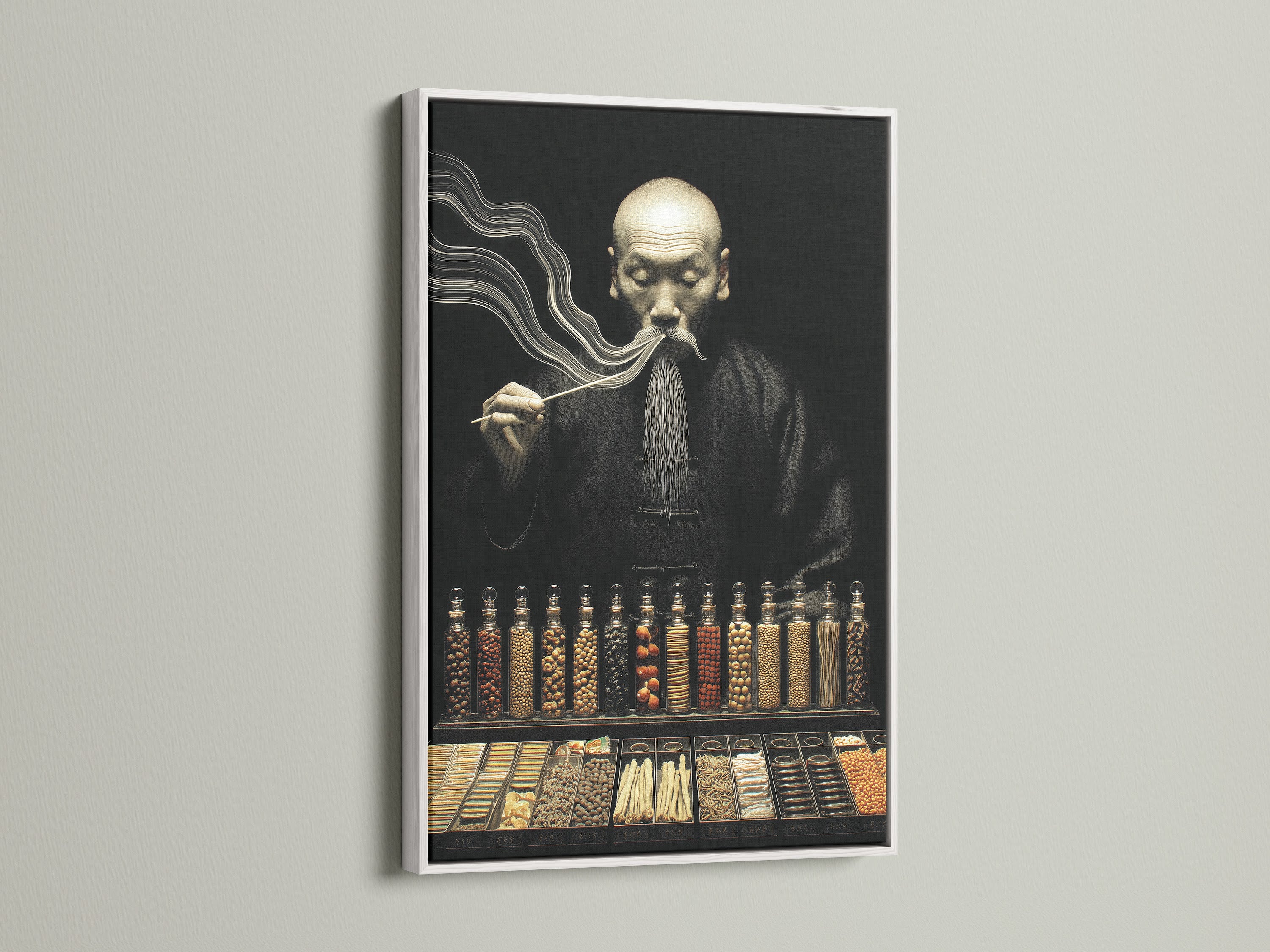 Apothecary Asian artwork with a clean white frame. The white frame offers a modern touch to this vintage piece. This piece brightens any space. Perfect for a pharmacy or medical office. Its clean lines highlight the intricate details of the artwork. This herbalist decor is a great gift for medical professionals.