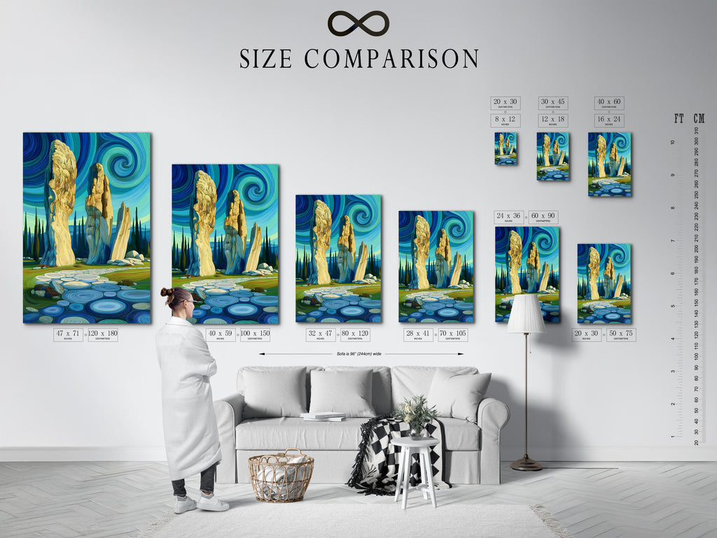 A size comparison chart is displayed in an interior setting. It shows the various sizes available for this artwork. The artwork shows an ancient stone circle beneath a swirling sky. Choose the perfect size for your Celtic wall art.