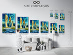 A size comparison chart is displayed in an interior setting. It shows the various sizes available for this artwork. The artwork shows an ancient stone circle beneath a swirling sky. Choose the perfect size for your Celtic wall art.