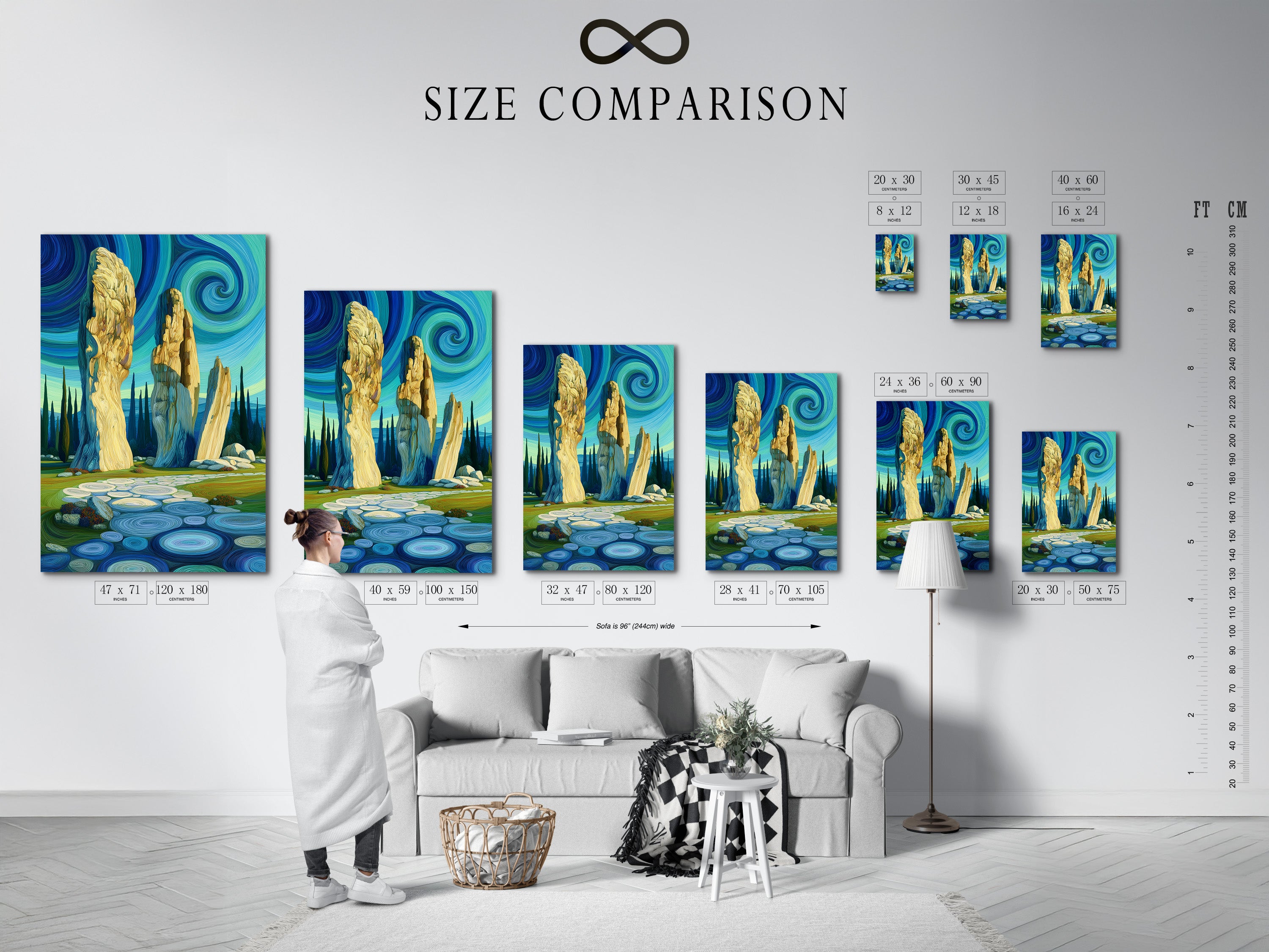 A size comparison chart is displayed in an interior setting. It shows the various sizes available for this artwork. The artwork shows an ancient stone circle beneath a swirling sky. Choose the perfect size for your Celtic wall art.
