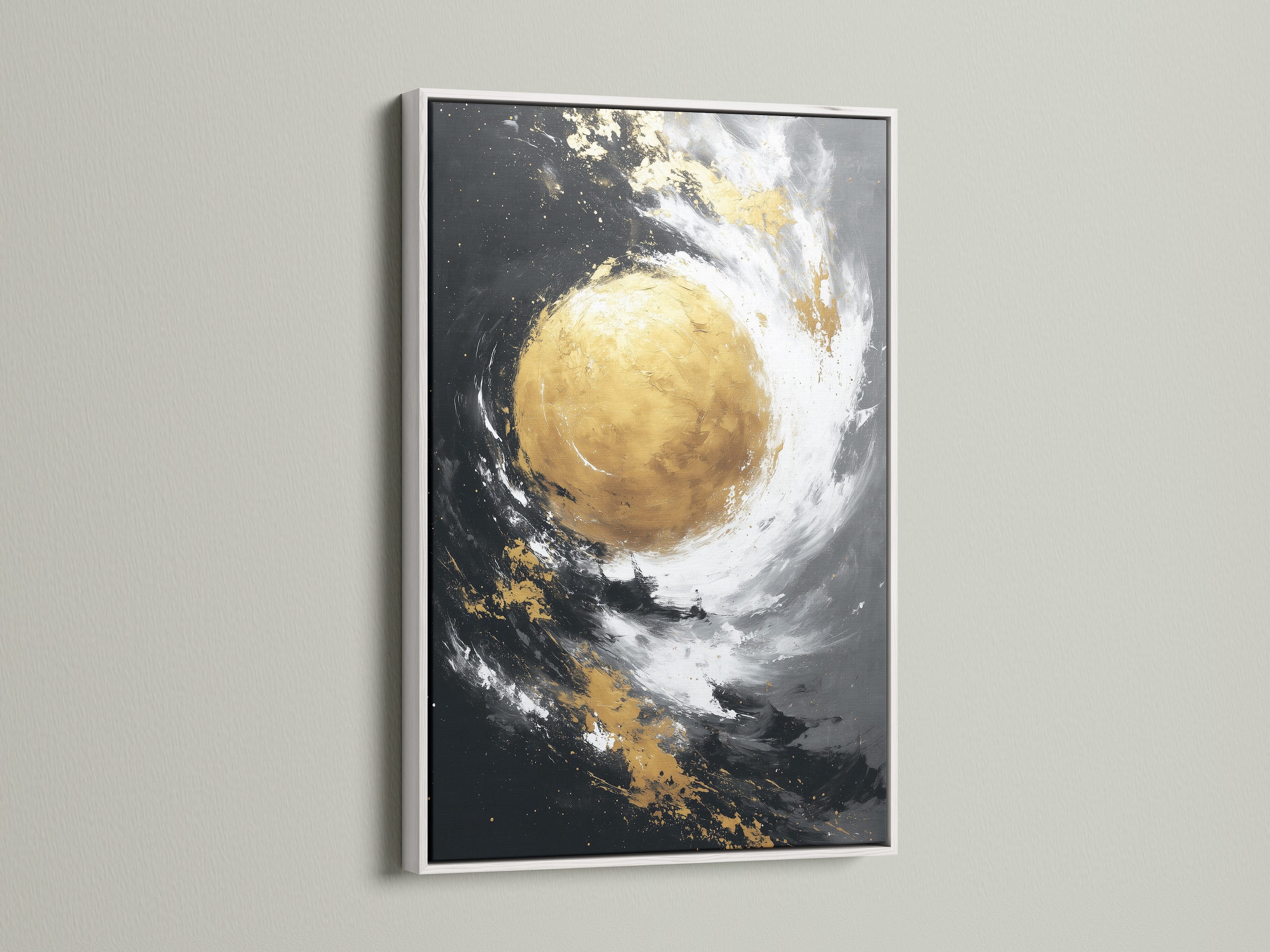 A white frame art piece adds brightness to the wall. The white frame offers a clean and modern aesthetic. This frame makes the artwork pop. It is a stylish choice for art lovers.