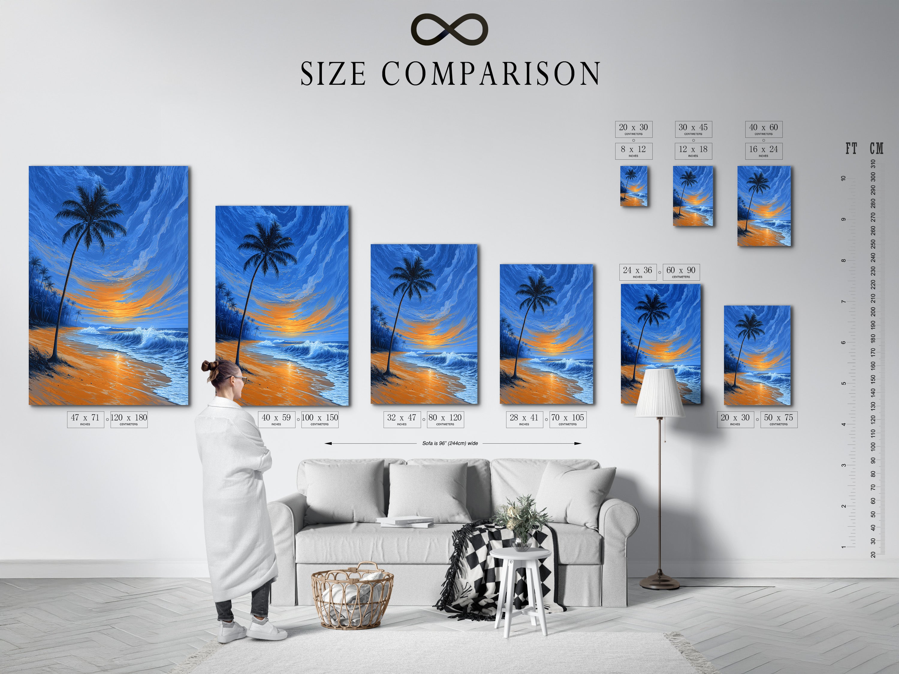 A size comparison chart in an interior setting. It shows various sizes of tropical beach art. See palm tree at sunset and ocean waves. This chart helps visualize how the coastal wall decor fits. Find the perfect artwork size for your space today.