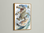 Gold frame surrounds the cool alligator wall art. It's a tropical surf canvas print that is funny animal art. It makes a great addition to beach house decor and a playful element for a kids room creating a unique space.