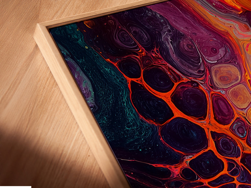 Close-up view of a canvas print in a floating frame. The artwork appears to hover within the frame. This modern framing style adds depth and dimension. Showcase your canvas art with this unique option. Experience art in a new way.