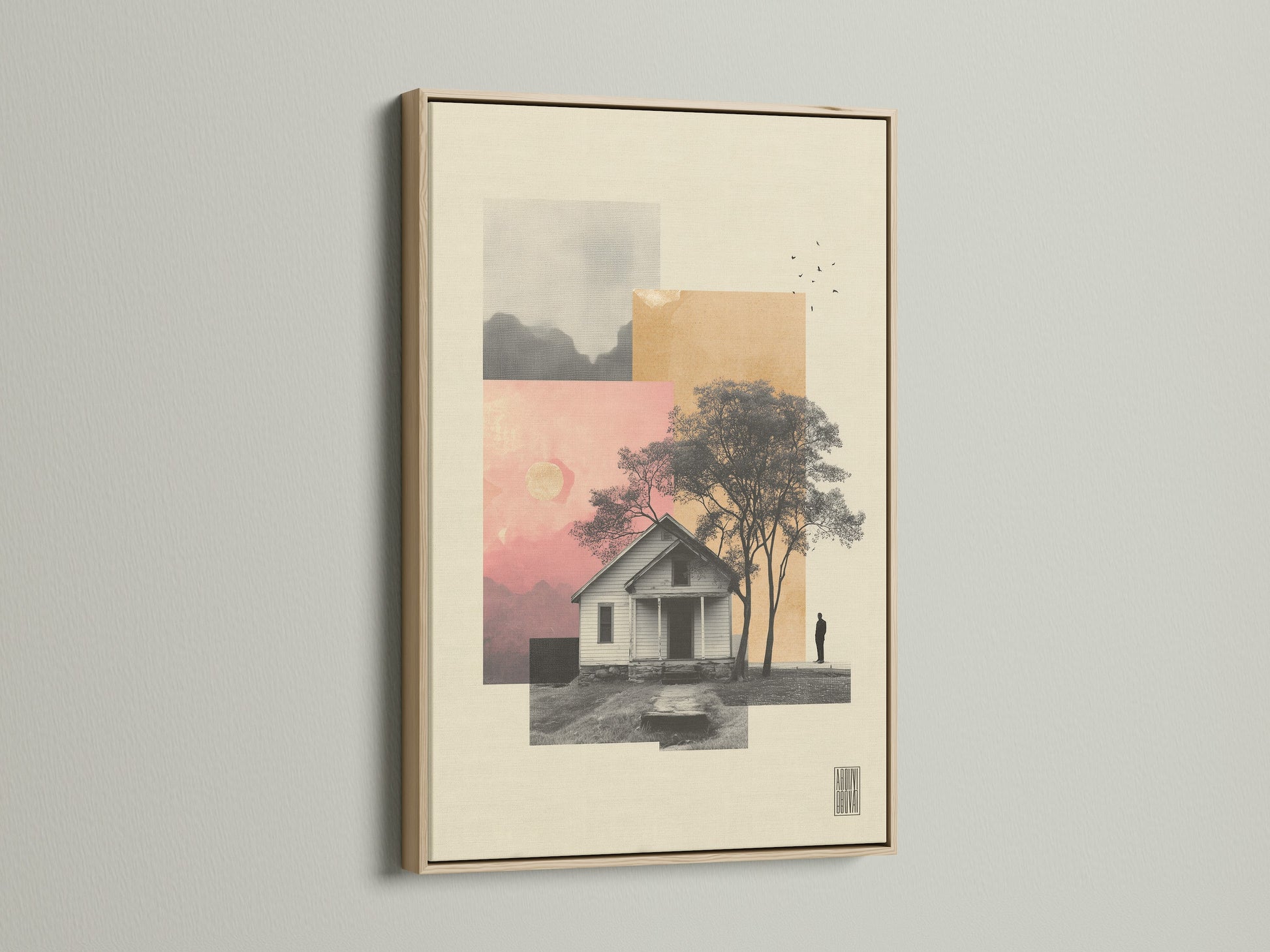 Artwork framed in oak hangs elegantly. The oak frame complements the artwork. It brings warmth to the wall. The frame enhances the art piece. It adds a touch of nature to any space. Viewers appreciate the natural wood grain.