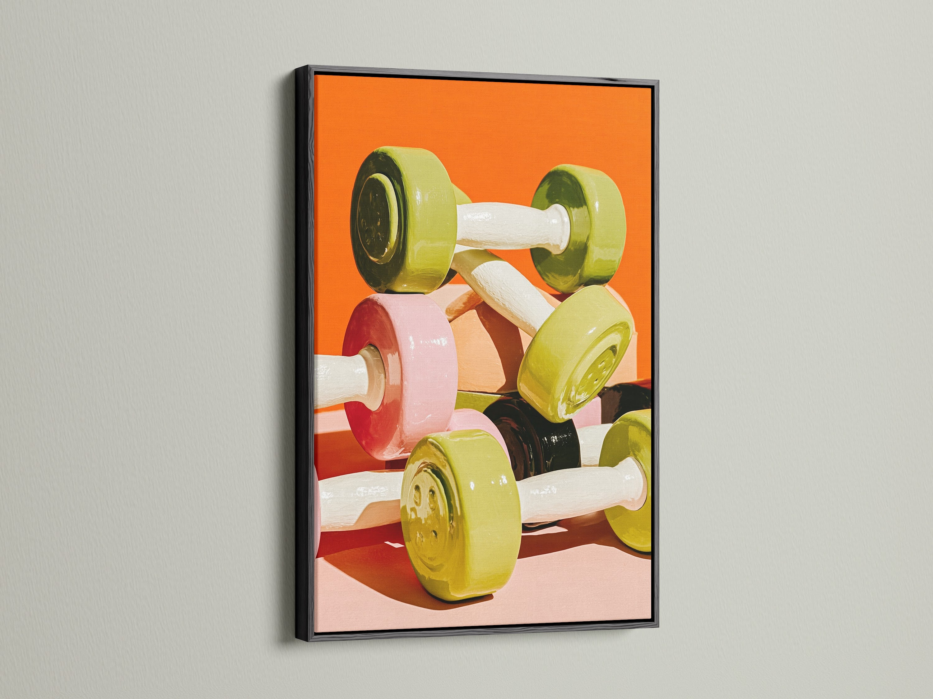 Dumbbell canvas print in a black frame is displayed. The black frame adds a sleek touch. This modern fitness artwork is perfect for workout rooms. It is also great for commercial gyms. This sport art print elevates any fitness space.
