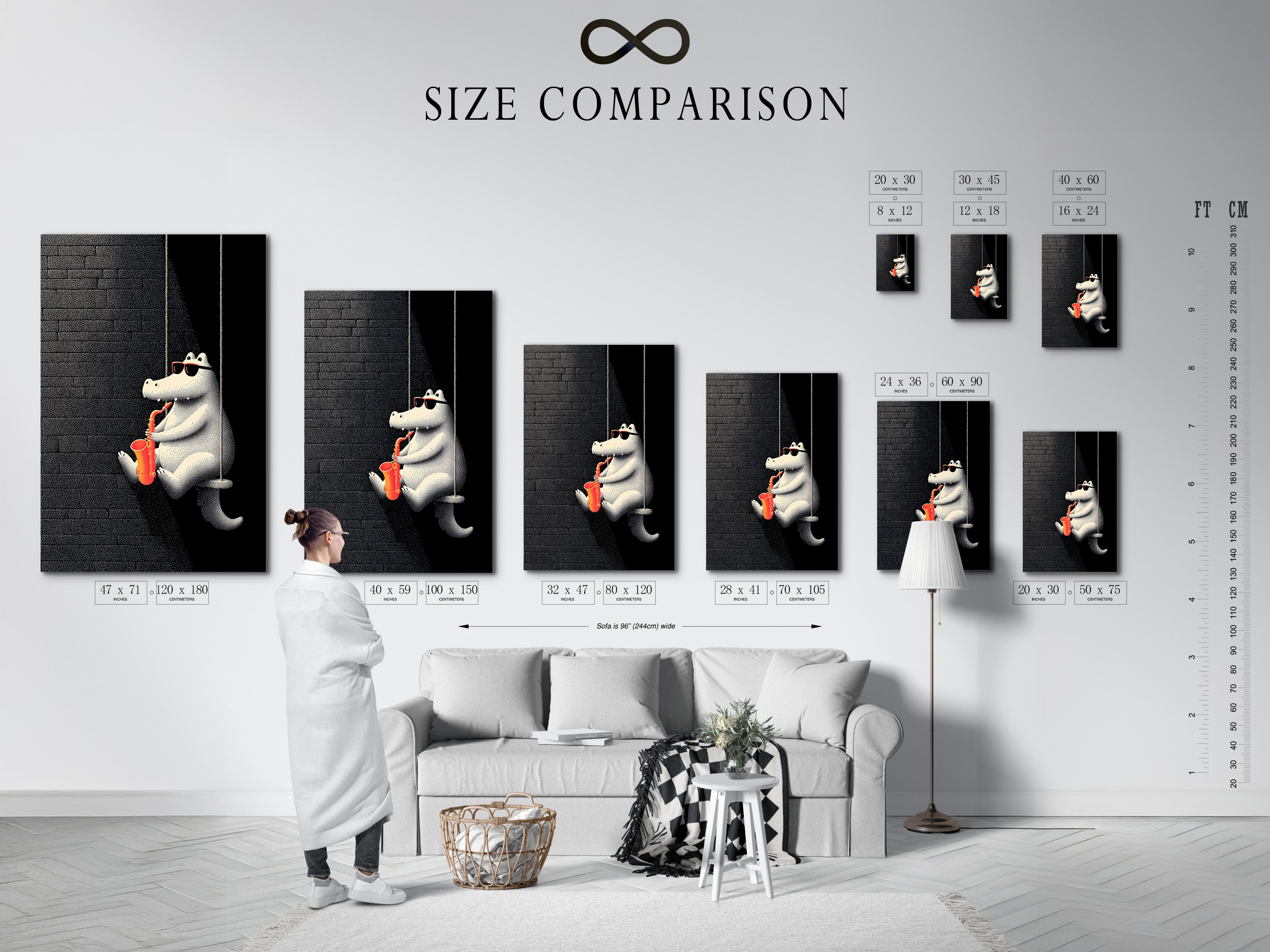 An interior setting shows a size comparison chart. This chart helps you visualize how artwork will look in your space. Get a clear idea of dimensions and scale. Choose the perfect art size for your walls today.