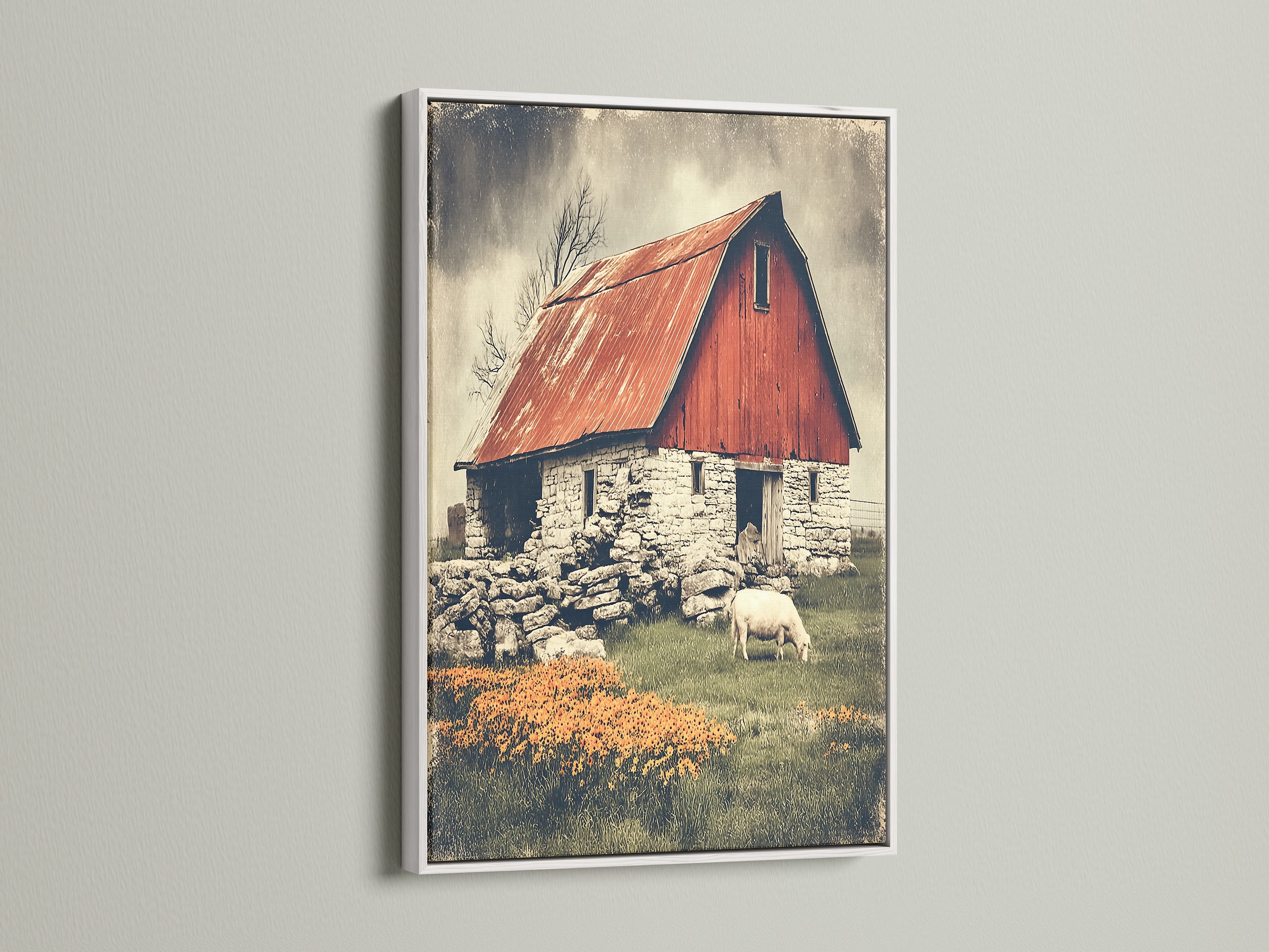 Rustic barn canvas print with a white frame. This artwork showcases a vintage red barn and sheep art. Find the perfect farmhouse decor for your home. Add a touch of country art to your living space. Explore our dining room art options.