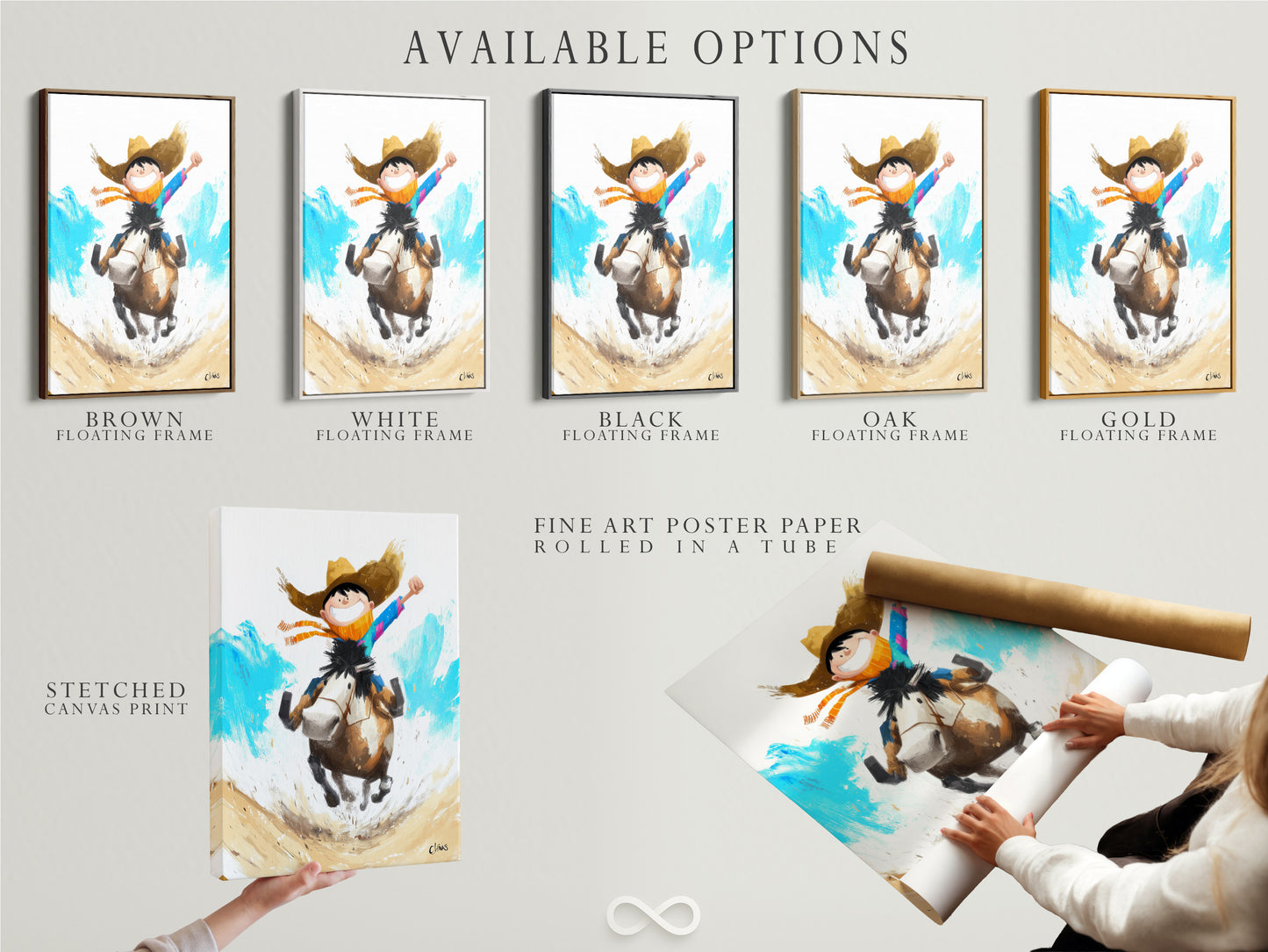 Available options for the Boy Riding Horse Artwork. Choose from stretched canvas prints fine art poster paper or floating frames. Customize the artwork to match your personal style. Create the perfect western decor for your space.