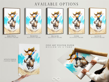 Available options for the Boy Riding Horse Artwork. Choose from stretched canvas prints fine art poster paper or floating frames. Customize the artwork to match your personal style. Create the perfect western decor for your space.