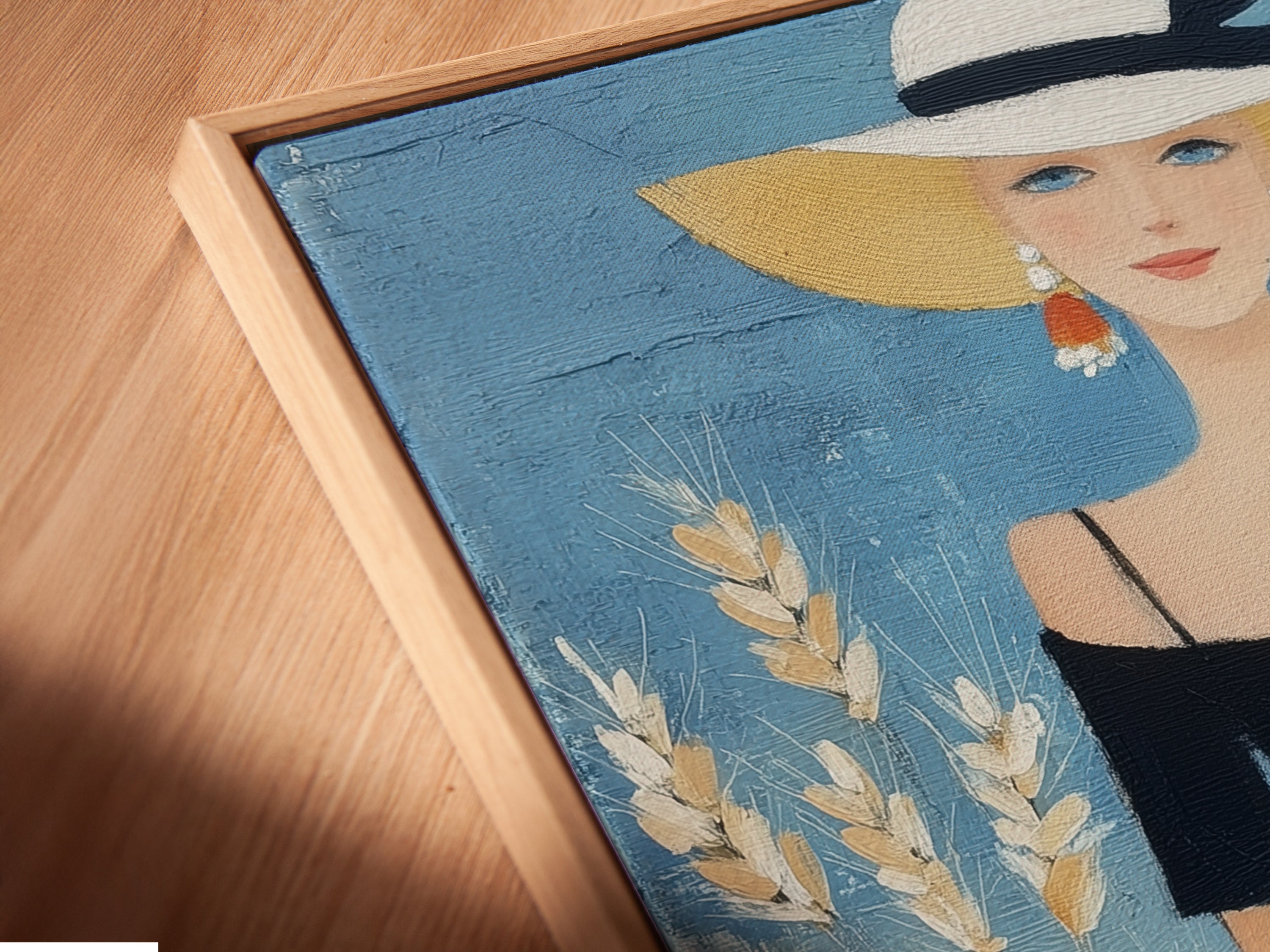 A close-up angled view of an Elegant Woman Canvas Print. It's displayed in a floating frame. This chic fashion wall art is a modern artwork. Perfect for boutique decor and art deco styles. The floating frame enhances its elegance.