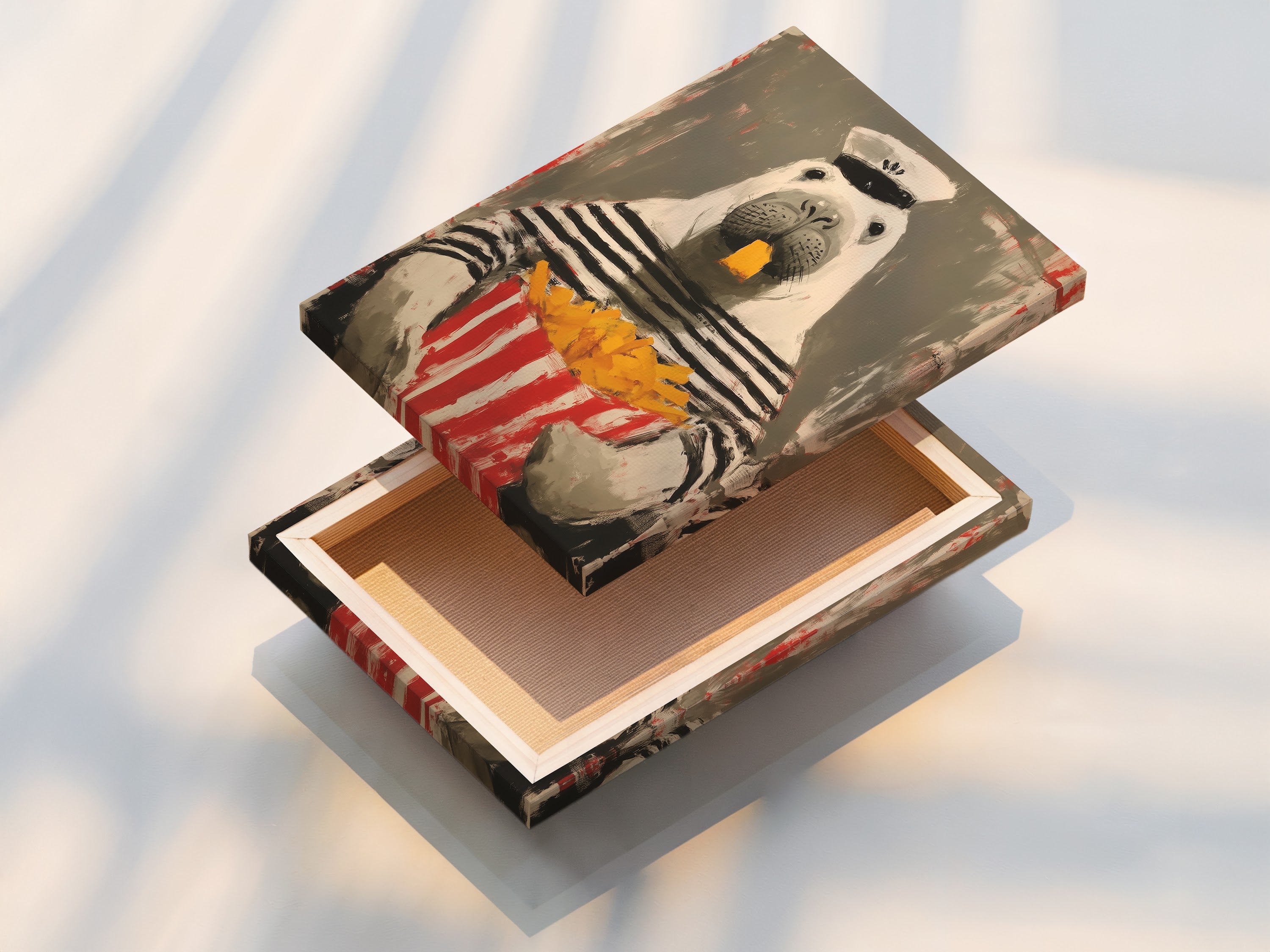 This is a stretched canvas print of the sailor walrus artwork. The canvas is tightly stretched and ready to hang. This format offers a gallery-like look for your home. It adds a touch of sophistication to any room.