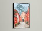 Village Street art in a black frame.  The black frame adds a modern touch to this vintage street scene. The artwork is perfect for creating a focal point in your cafe or studio.  This piece brings character to any room.