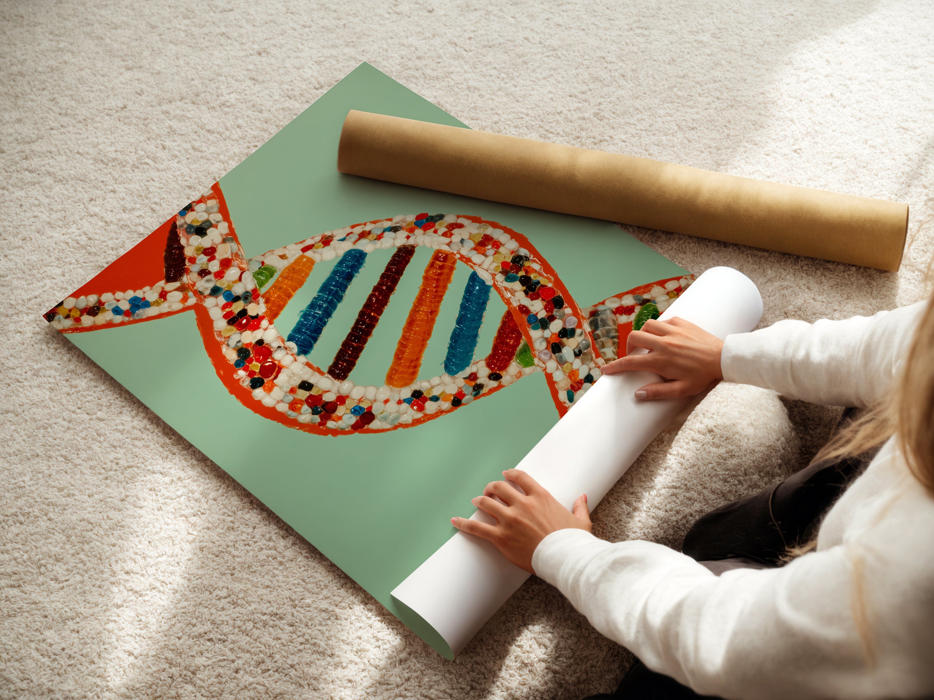 A woman is carefully rolling a fine art poster paper. This showcases the care in packaging artwork. The DNA Molecule art is perfect for science enthusiasts. Its colorful genetic code enhances any space. Ideal for modern wall art and contemporary decor. It makes a unique science gift