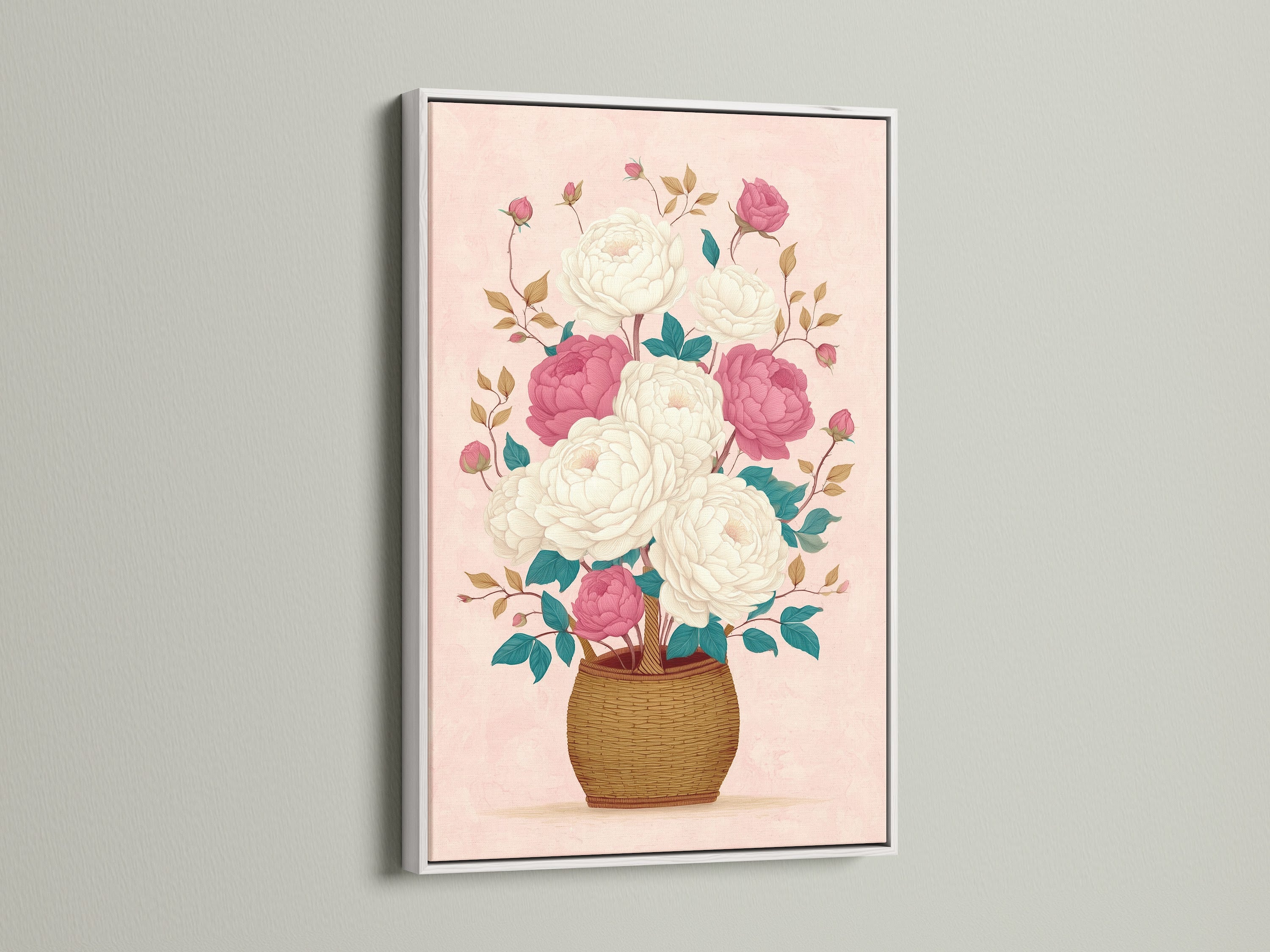 Beautiful floral canvas print highlighting pink peony artwork. The artwork is presented in a white frame. Elevate your space with botanical flower artwork. Perfect for cottagecore decor and pink flower art.