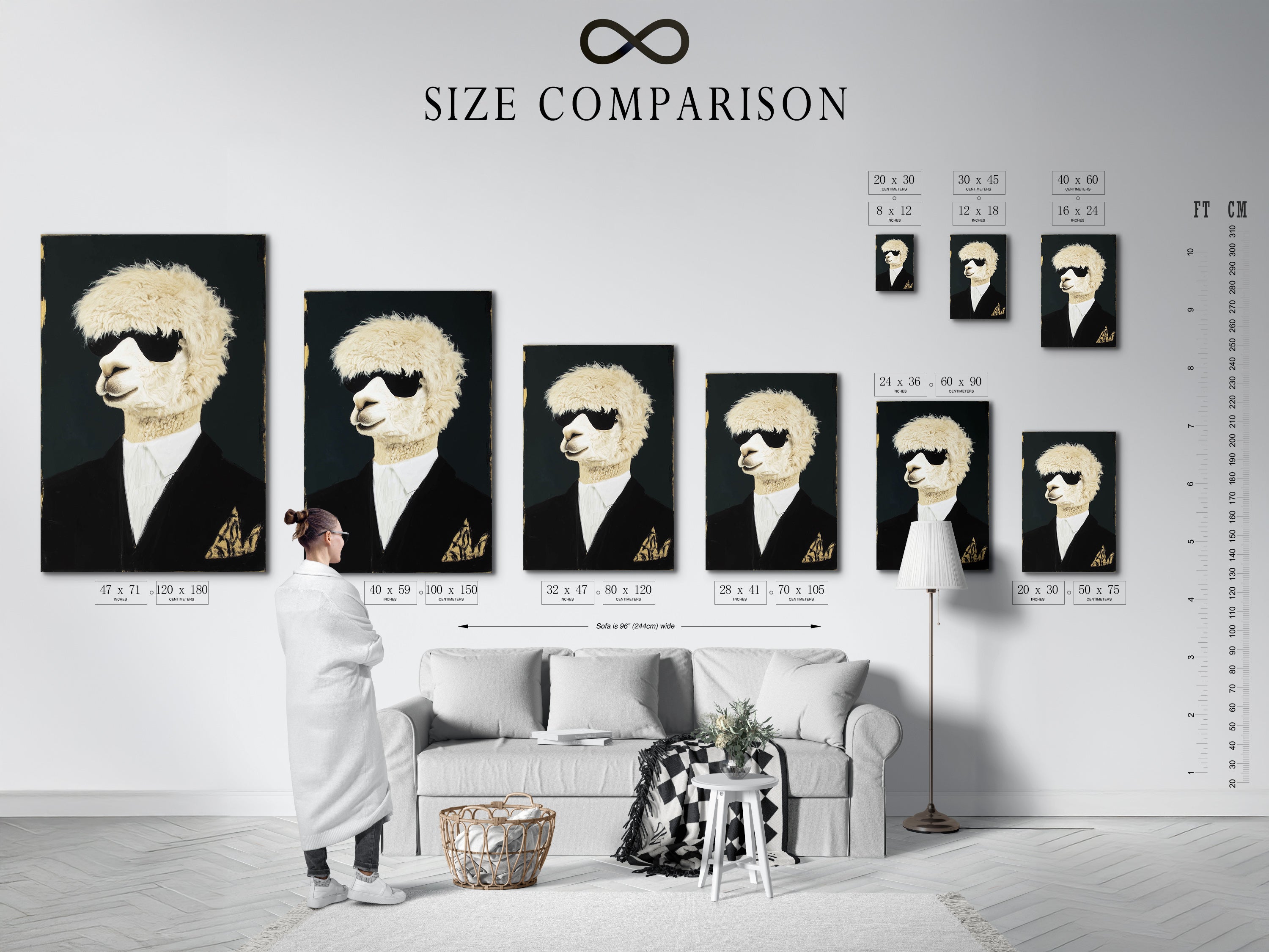 A size comparison chart is displayed in an interior setting. Showing various sizes of the Cool Llama Art Print. Visualize the perfect fit for your space with this quirky animal art. Available in multiple sizes.