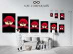 A size comparison chart in an interior setting displays the Crimson Tree artwork. The red cityscape wall art is a modern silhouette. Visualize the perfect size for your space. This chart helps you choose the right modern art for your home or office.