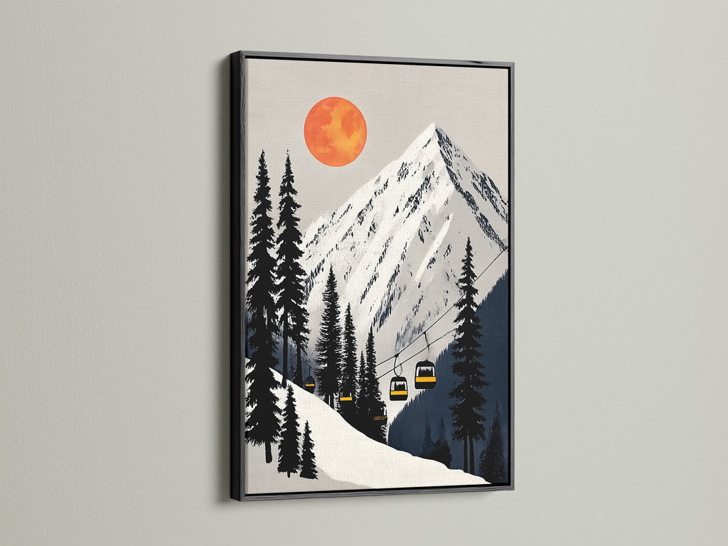Black frame featuring the mountain ski lift artwork. This striking contrast enhances modern interiors. The snow mountain art brings a touch of winter. It is a perfect statement piece for any room. Add a vintage ski art vibe to your chalet or mountain resort.