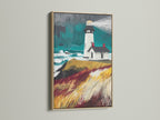 A lighthouse coastal canvas artwork is showcased in an oak frame. This nautical seascape print adds a touch of the ocean to any room. Ideal for homeowners and interior designers seeking elevated coastal artwork. This sea view print enhances living rooms bedrooms and offices alike. The oak frame complements the teal and gold accents.