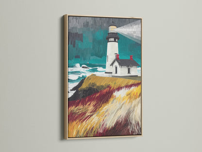 A lighthouse coastal canvas artwork is showcased in an oak frame. This nautical seascape print adds a touch of the ocean to any room. Ideal for homeowners and interior designers seeking elevated coastal artwork. This sea view print enhances living rooms bedrooms and offices alike. The oak frame complements the teal and gold accents.