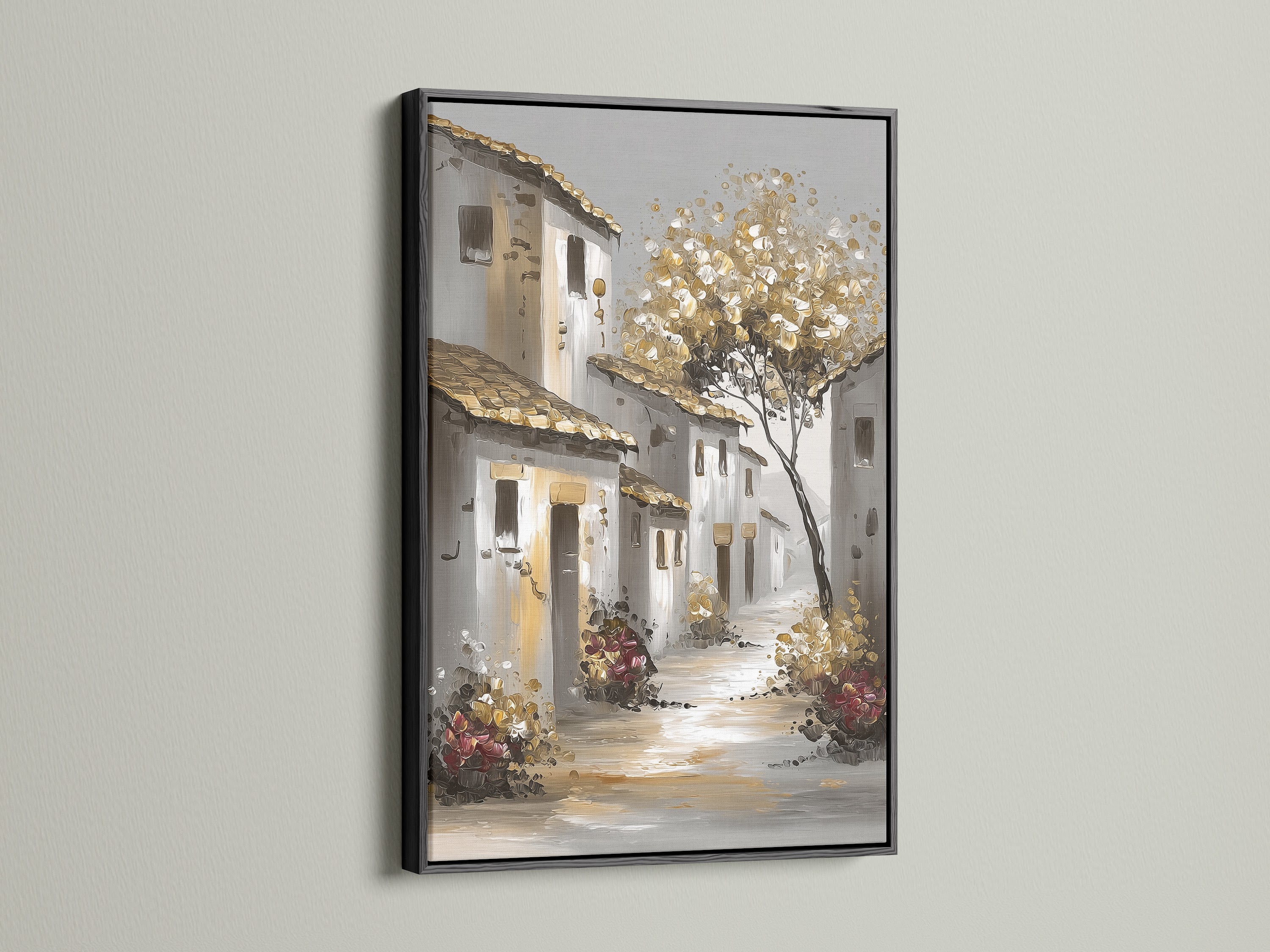 Artwork with a black frame adds sophistication. The black frame creates a bold statement. It provides a classic and timeless look. The black frame complements various art styles. It enhances the artwork's impact.