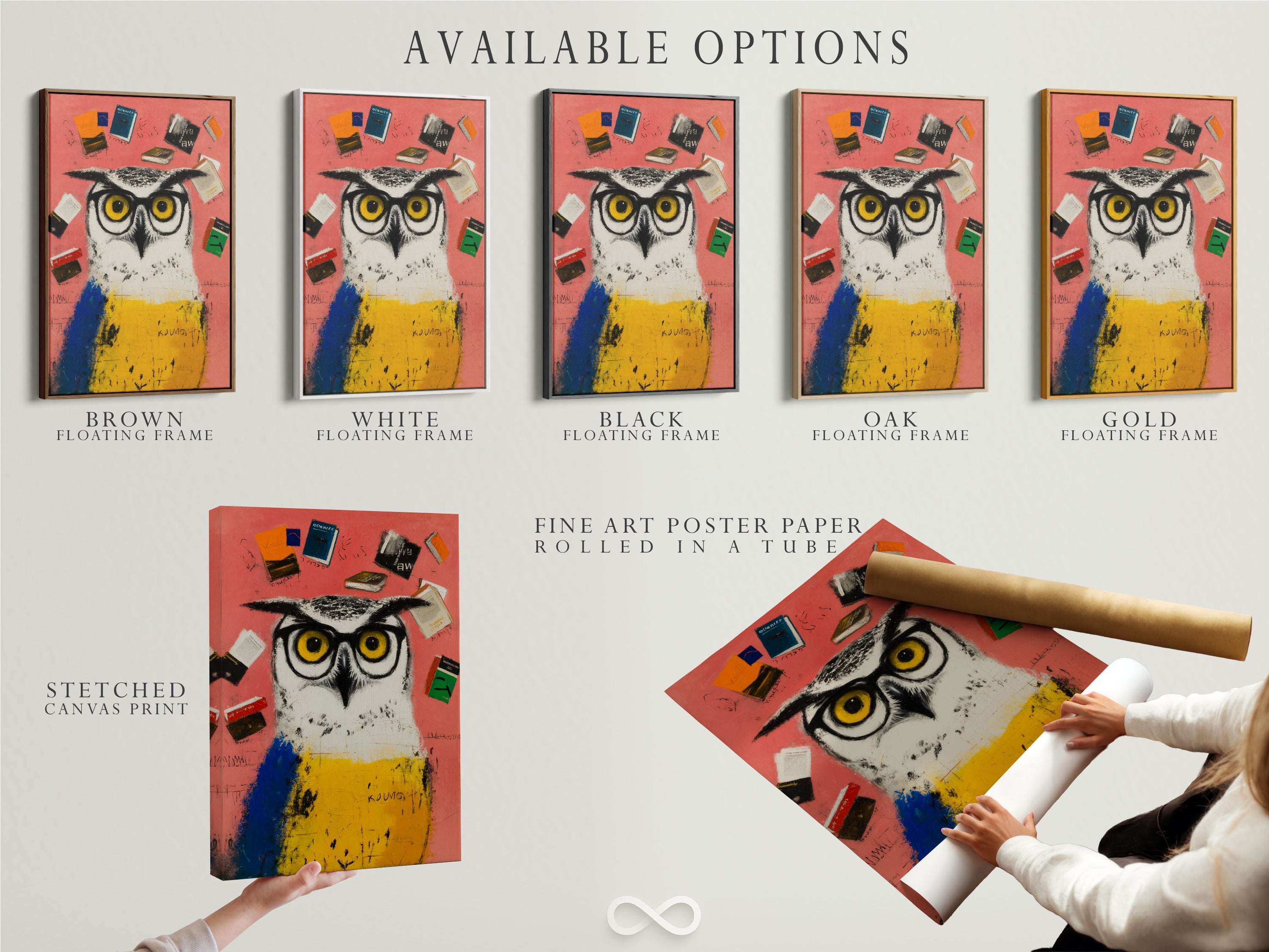 Available options for the Scholarly Owl artwork. Includes stretched canvas prints fine art poster paper and floating frames. Choose the perfect format for your style. Ideal for study room decor and student gifts. Select the option that best suits your space and preferences.